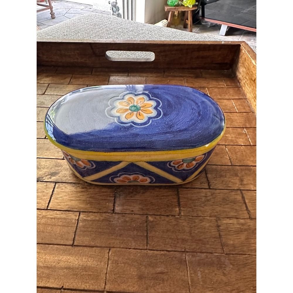 Hand Painted Talavera Style Ceramic Trinket Box Blue Floral Lidded Dish  EUC 7in